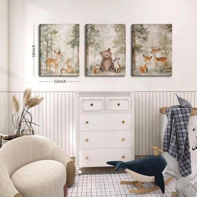 Pépinière, art mural sur toile, ensemble de 3 animaux sauvages de la forêt, ours, renard, aquarelle, peinture, décoration murale