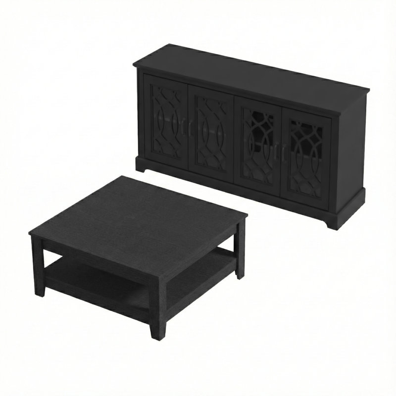 Weddel Basilico Modern 2 Piece Living Room Media And Coffee Table Set, Black, Black