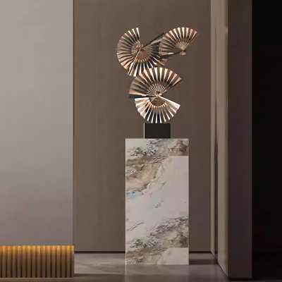Neo-Chinese Metal Wrought Iron Decoration: Marble Base, Semicircular Fan Shape