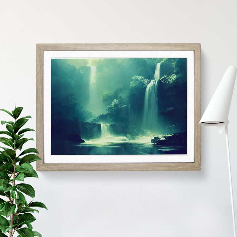 Entrancing Waterfall - Single Picture Frame Print, 46cm H x 64cm W x 2cm D, Oak