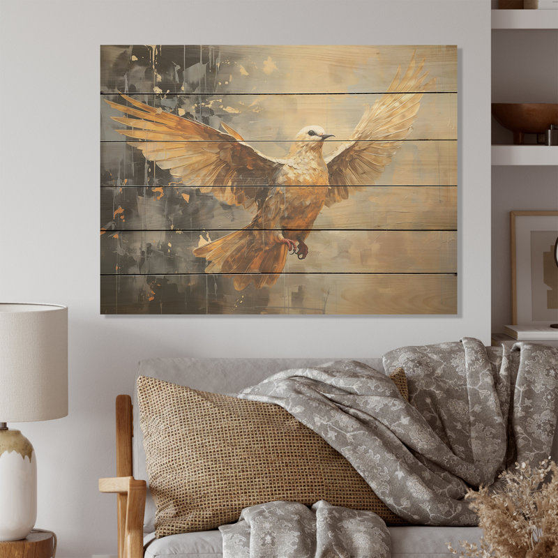 Golden Dove Grace - art mural sur bois de pin naturel, H 30 po x l 40 po