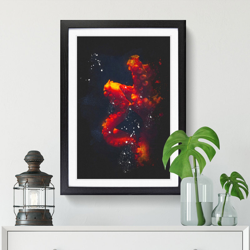 Red Octopus - Picture Frame Graphic Art Print, 45cm H x 33cm W x 2cm D, Black Framed