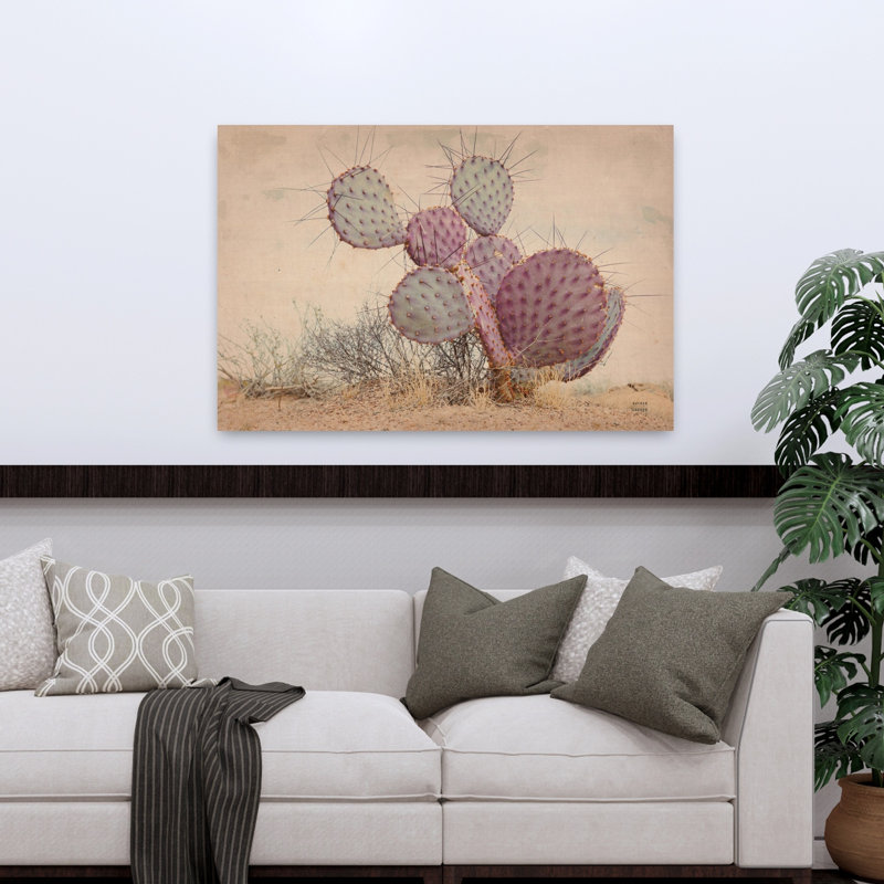 Bordure au coucher du soleil I, art abstrait de paysage de cactus rétro au coucher du soleil, H 32 po x l 48 po