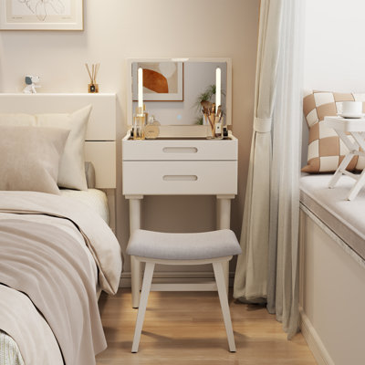 Solid Wood Vanity Set with Stool, Flip Top Mirror, Adjustable Lights and Glass Tabletop