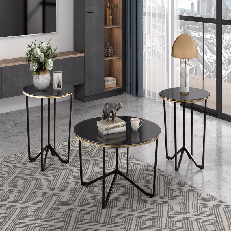 Ensemble de 3 tables d'appoint rondes modernes 3 pièces avec plateau en verre trempé et cadre en métal noir