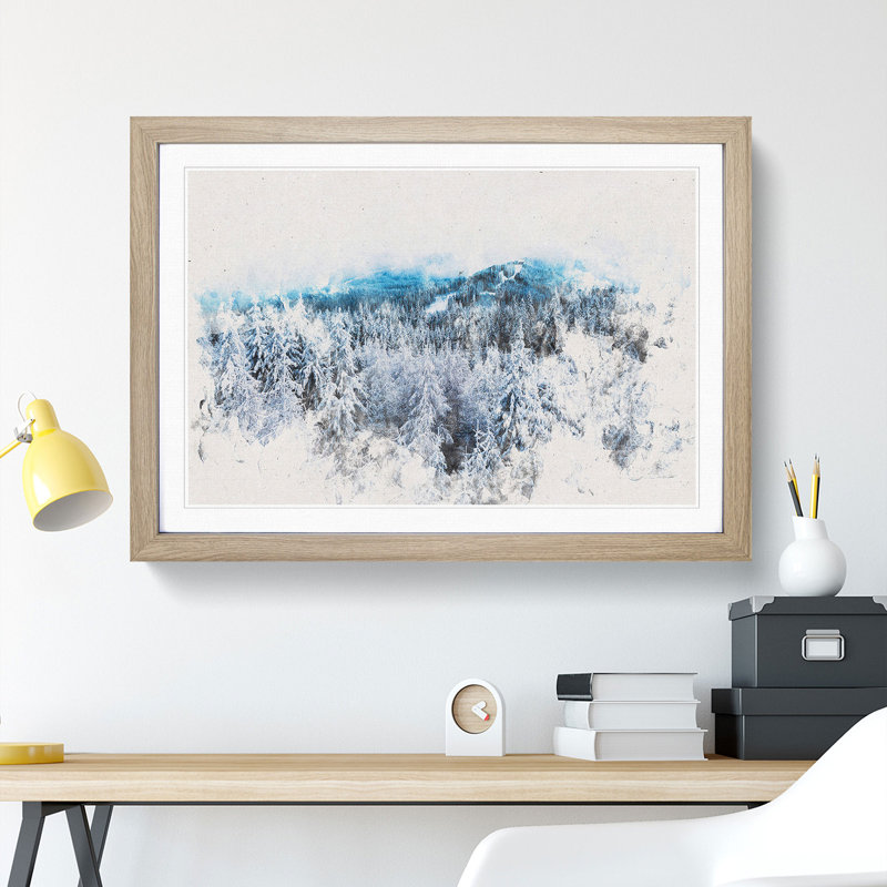 Winter Forest In Romania Watercolour - Framed Print, 62cm H x 87cm W x 2cm D, Oak