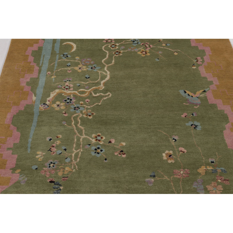 Rug & Kilim’S Chinese Art Deco Rug, Green With Cherry Blossom Florals, Rectangle 13' x 19'