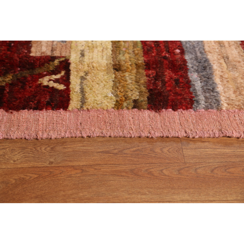 Tapis rouge en laine noué à la main de conception unique 9 pi 8 po x 11 pi 10 po New Age