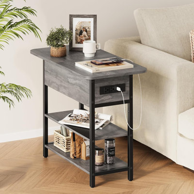 Table de bout étroite avec station de charge, table d'appoint rabattable avec ports et prises USB, table de chevet avec tablettes de rangement