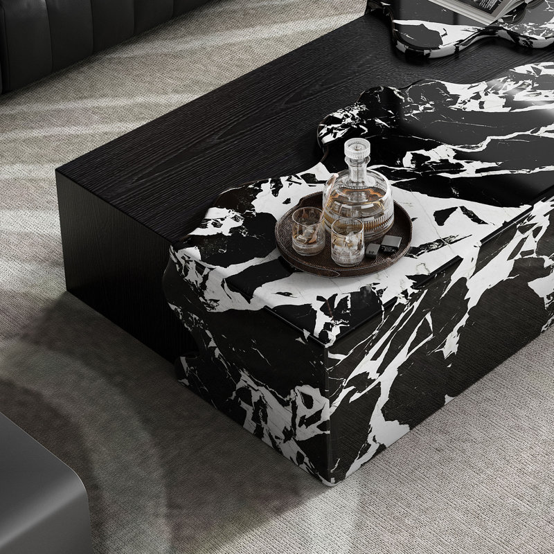 Exquisite Contemporary Stream Form Marble Coffee Table With Flowing Water Form Finish And Wood Veneer Base, Rectangular Black