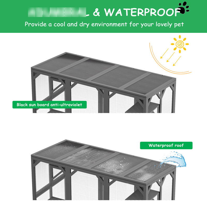 Grande enceinte extérieure pour chat avec six plateformes, toit imperméable, grillage en acier galvanisé, abri en bois gris, environnement chaleureux