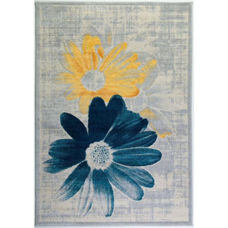 Tapis jaune floral en polypropylène tissé à la machine 1 pi 11 po x 2 pi 7 po Floral