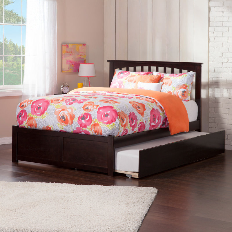 Aiston Solid Wood Platform Bed with Panel Footboard and Roll Out Trundle, Espresso