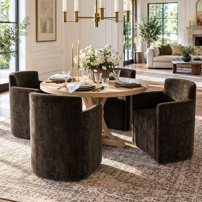 Fauteuil de salle à manger classique entièrement rembourré en chenille avec roulettes dissimulées, 4, Brun