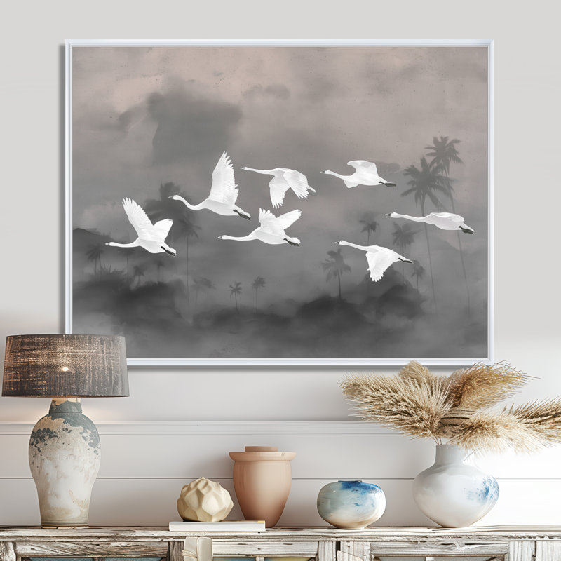 Blanc, cygnes émigrants vers la baie de Chesapeake, H 24 po x l 32 po, Picture Framed, Blanc