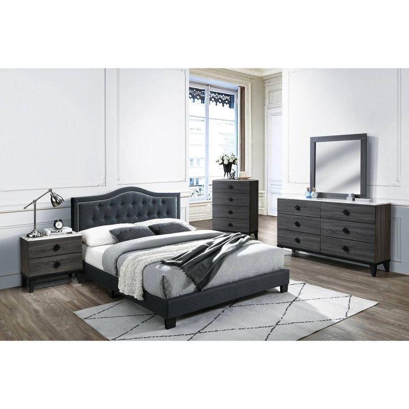 Lit double bouton gris anthracite, design européen, sans sommier, lit Aspiration, Full