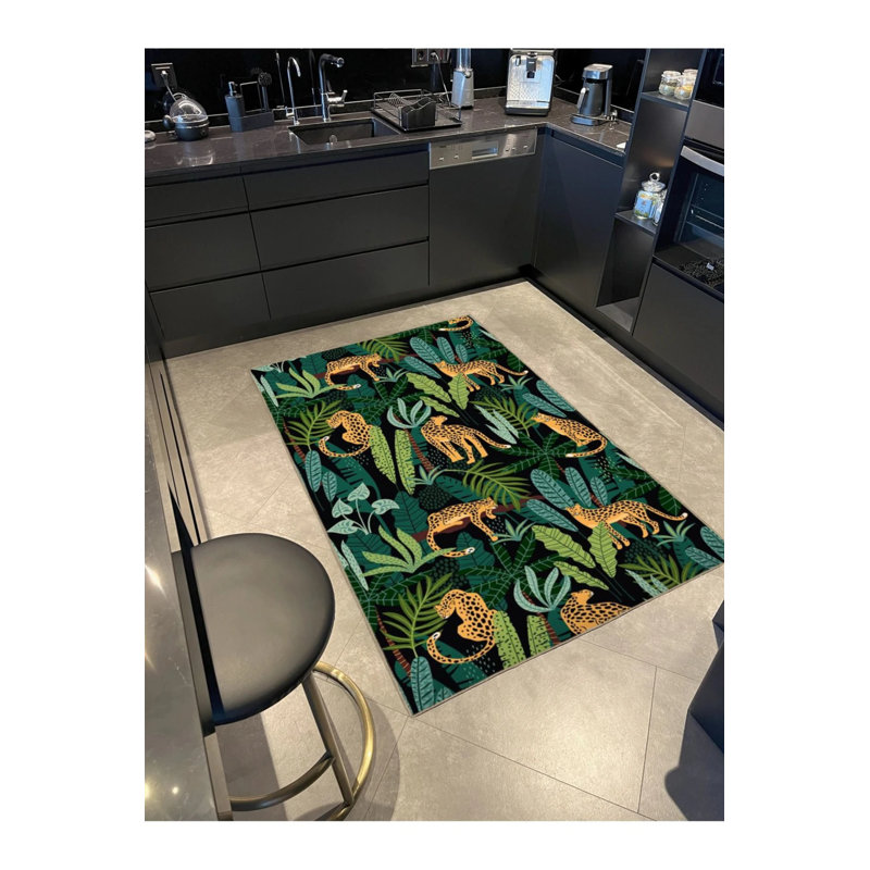 Black And Green Themed Leopard And Tree Patterned Modern Decorative Carpet, Runner 2'6" x 9'11"