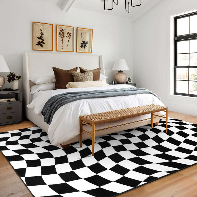 Tapis à carreaux lavable antidérapant Modern, Rectangle 6 pi x 9 pi, Noir / blanc