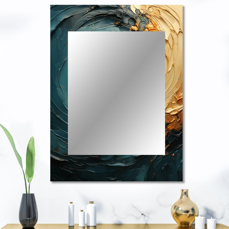 Gold Teal Ocean Spiral IV - Abstract Spirals Decorative Wall Mirror, Modern Large Mirror, Printed Metal Art, 40" x 30"