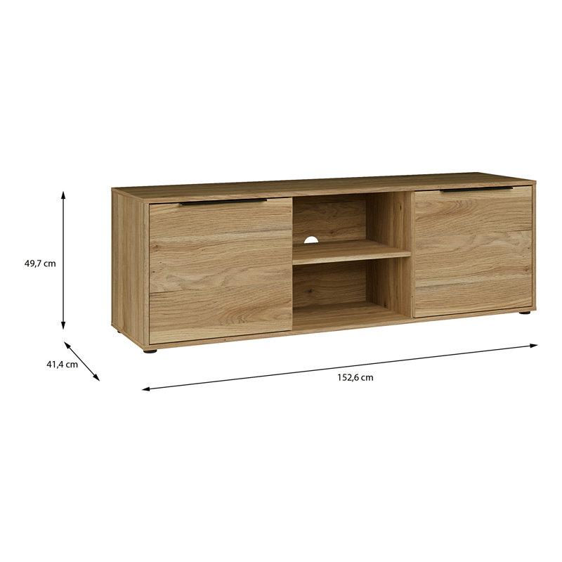 Tasharra Minimalistic TV unit with 2 doors and open shelving, living room, engineered wood, cable management, warm oak decor, 152.6 cm W x 49.7 cm H x 41.4 cm D