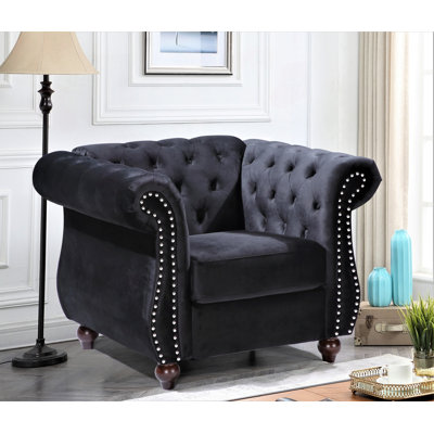 Fauteuil d'appoint classique en velours capitonné avec accoudoirs roulés et traversin assorti