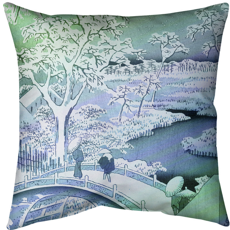 Housse de coussin meguro et pont tambour et coucher de soleil hill, 14 po x 14 po, Vert / dégradé bleu, Polyester filé