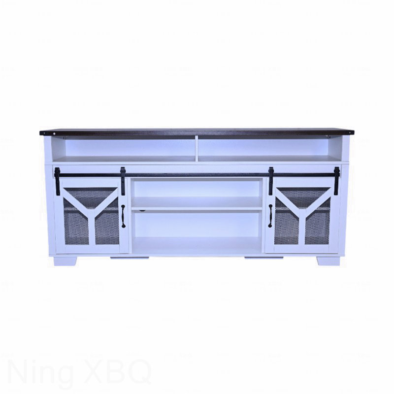 65.3" TV Stand For Tvs Up To 3" With Led Light Strips And Iron Mesh Barn Door Y Decorative Strip White + Black Walnut Color (Top) Farmhouse