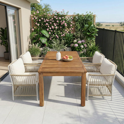 Ensemble de salle à manger en bois 67 po, table rectangulaire avec 4 fauteuils en rotin pour piscine, jardin et jardin