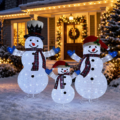3 Piece Collapsible Snowman Yard Decor Snowman Family Christmas Lighted Display Set 