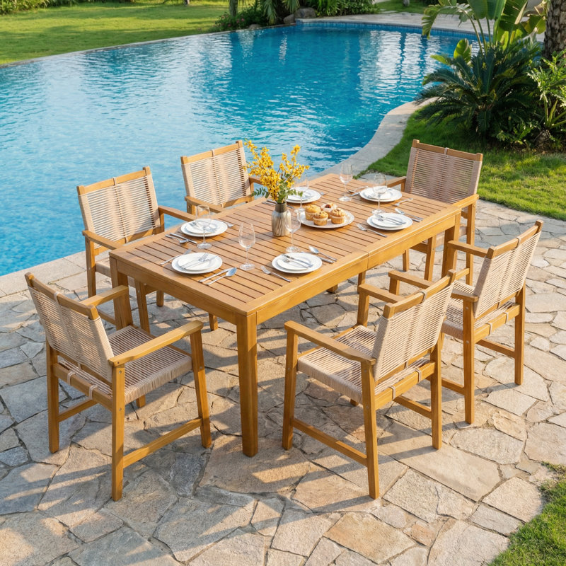  Wooden Outdoor Dining Set For 6, Set Of 7 Pcs With 63"l Rectangle Table & 6 Handwoven Rope Chairs, Solid Eucalyptus Patio Set For Porch, Garden & Poolside - Natural