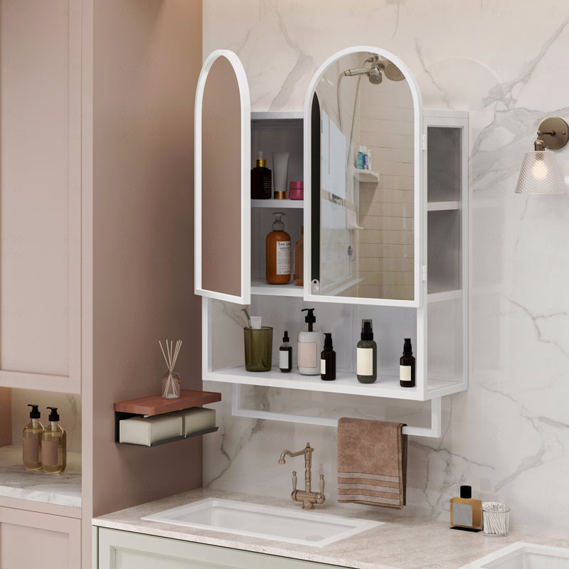 Armoire à miroir à double arche 23,62 po, armoire à pharmacie 2 portes, armoire murale en métal avec tablettes réglables et porte-serviettes, armoire à miroir avec rangement