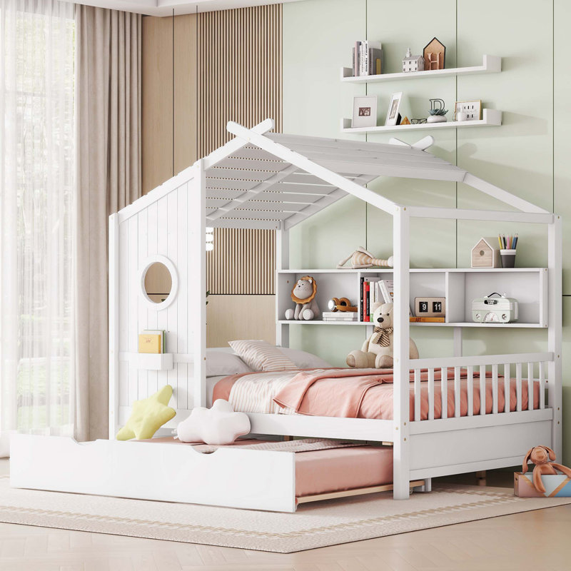 Lit double pleine grandeur avec lit gigogne et tablette de rangement, Blanc