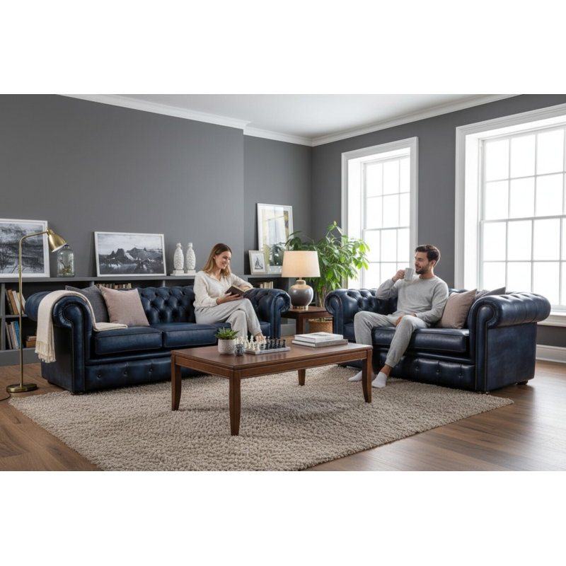 Chesterfield 3 + 2 Seater Antique Sofa Suite Offer, Blue