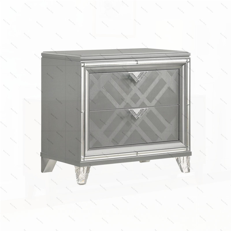 Table de chevet 2 tiroirs avec bordure miroir, argent