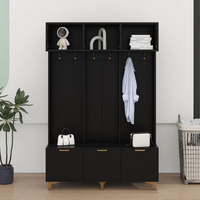 Grand portemanteau de rangement moderne avec banc, banc de rangement multifonctionnel avec portes cannelées ultrabrillantes