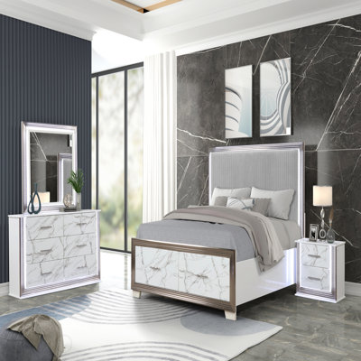 Dresser Marble Patterned Drawer Fronts With Sleek White Finish, Metallic Handle  And Six Spacious Drawers For Elegant Bedroom Storage