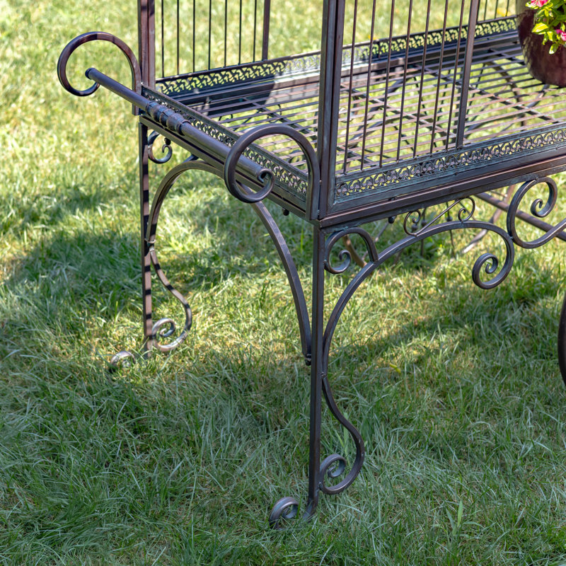 Large Antique White Metal Flower Cart with Curved Roof
