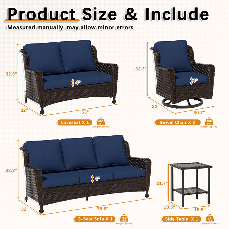 7-Person Outdoor Patio Conversation Seating Group Swivel Chairs With Blue Cushions, Blue