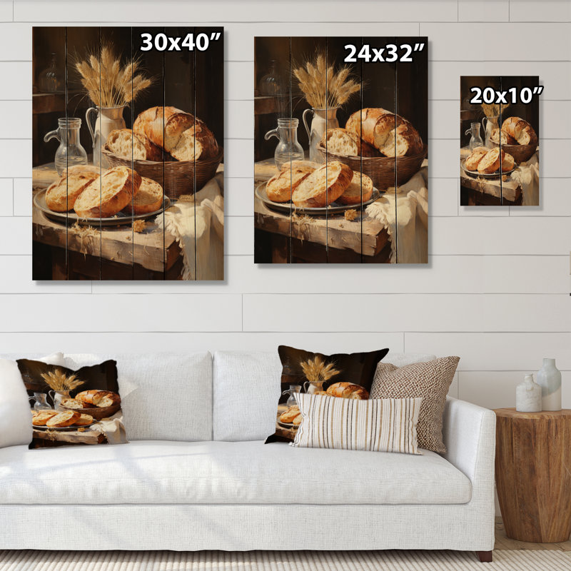 Nourriture, pains rustiques I sur bois, H 40 po x l 30 po x P 0,78 po