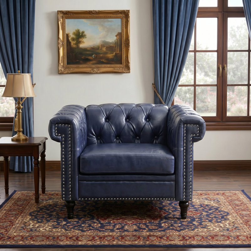 Fauteuil en cuir PU capitonné avec garniture cloutée et pieds en bois massif, Bleu