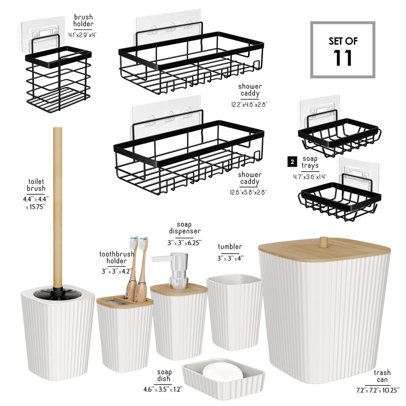 Ensemble complet d'accessoires de salle de bain 11 pièces avec accents en bambou, poubelle, brosse de toilette et 5 paniers de douche inclus