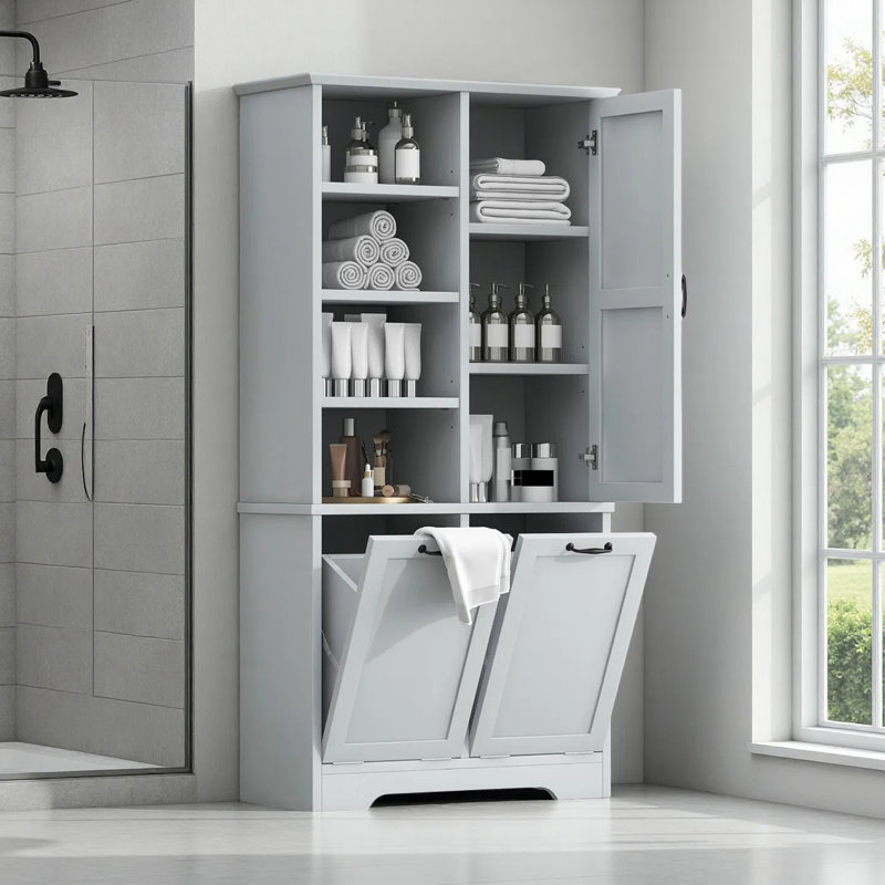 Bathroom Storage Cabinet with Doors and Tilt-Out Laundry Hamper, Gray