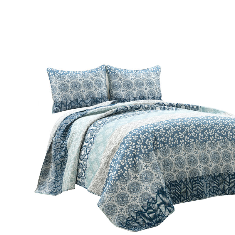 Bohemian 100% Cotton Reversible 3-Piece Quilt Set, King Quilt + 2 King Shams, Navy/Blue Geometric
