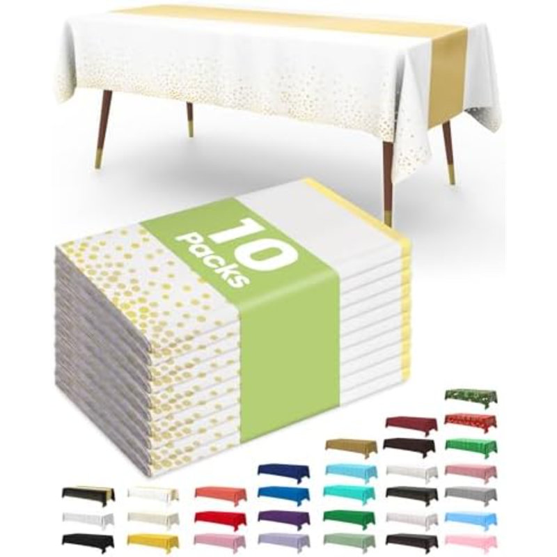 Nappe en plastique jetable 54 x 108 pouces, paquet de 10, or blanc, Blanc
