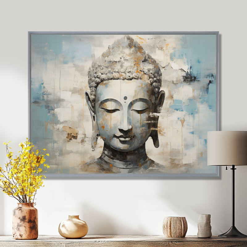 Simple Bouddhism Statue III - Bouddhisme, art mural, H 34 po x l 44 po x P 1,5 po, Encadrement argenté