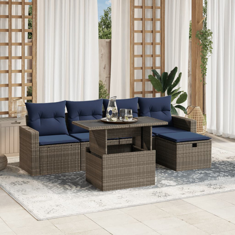  Ensemble de canapé de patio 6 pièces avec coussins en rotin de polyester, Gris, Bleu