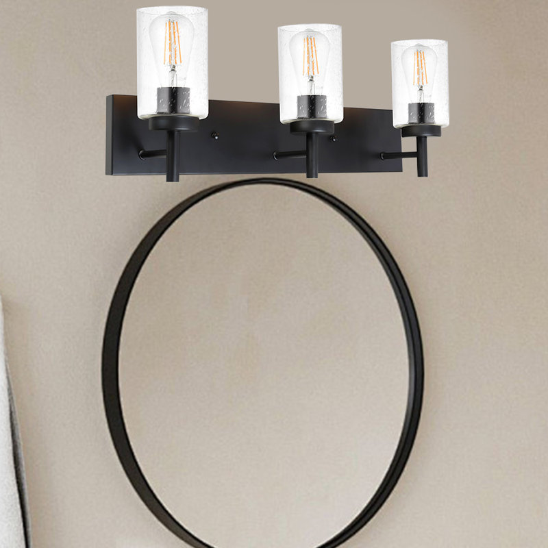 Luminaire de salle de bain 3 lumières noir, lumière de meuble-lavabo noir avec abat-jour en verre bullé, luminaire de meuble-lavabo moderne pour miroir de salle de bain, chambre à coucher, salon, couloir, coiffeuse, base E26