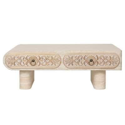 Table basse à bord arrondi avec tiroir en bois massif à motif floral, table basse pour salon, bureau