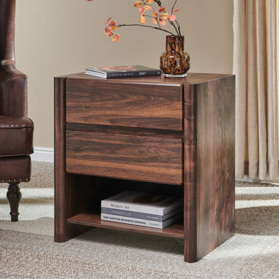 Bolanos 25" Tall Modern End Table with Charging Station, Wood Side Table w/2 Storage Drawers & Open Shelf, Rounded Corner Design for Bedroom 