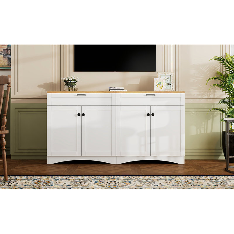 Rustic White Tv Console With 2 Drawers, Adjustable Shelves For 70" Screen, Bedroom Storage Buffet Drawers And Shelves, Compatible, Living Room Unit